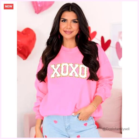 Oversized Chenille Patch Sweatshirt Valentine Letter Graphic Long Sleeve - Picture 3 of 5